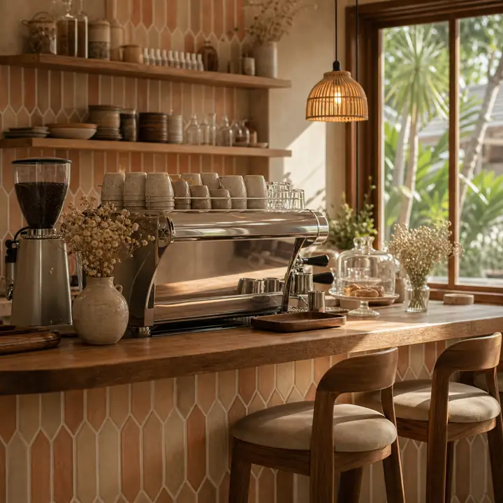 มุมร้าน Nailista โทนครีมอบอุ่น สถานีทำเล็บพร้อมเคาน์เตอร์ไม้